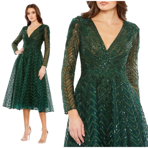 NWT Mac Duggal Emerald Green Sequin Long Sleeve Midi Party Dress Sz 4 $598  MSRP Women